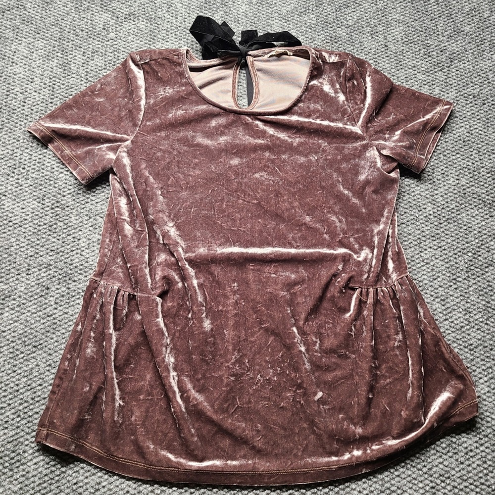 Pleione Womens Crushed Velvet Peplum Top Mauve Short Sleeve Bow Back APJ47401 M